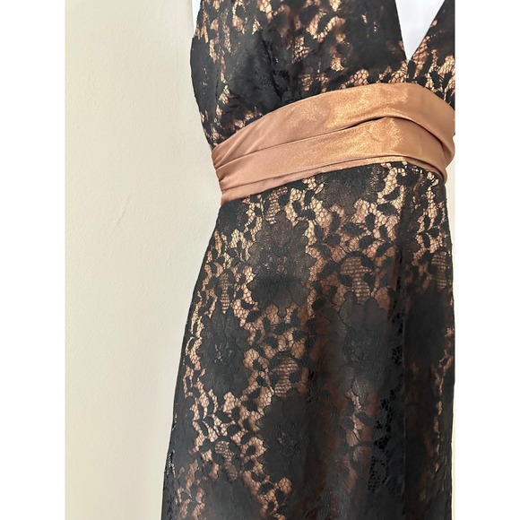 Bari Jay Black Bronze Lace Halter Neck Sheath Dress Size 8 Bow‎ Tie Back - Picture 5 of 8